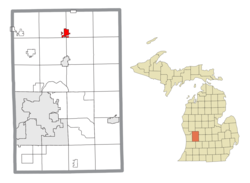 锡达斯普林斯在肯特县及密歇根州的位置（以红色标示）