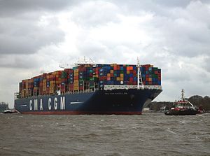 CMA CGM Magellan with destination Port of Hamburg in stormy northwest wind