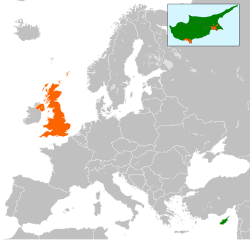 Map indicating locations of Cyprus and United Kingdom