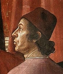 Demetrios Chalkokondyles,[1][2][3][4][5] detail of Zachariah in the Temple by Domenico Ghirlandaio. Fresco. Santa Maria Novella, Cappella Tornabuoni, Florence, Italy. 1486–1490.
