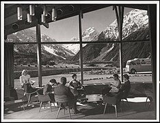 View of Mount Cook from the lounge of the third Hermitage, 1960s.