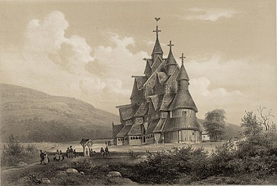 Heddal Stave Church. Illustration from the book Norge fremstillet i Tegninger, 1848