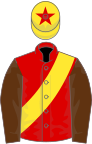 Red, yellow sash, brown sleeves, yellow cap, red star