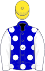 Blue, white spots and sleeves, yellow cap