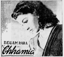 Advertisement, text is "Begum Para in Chhamia; image is a young woman with loose dark hair, wearing a dark sari, looking downward