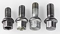 Four lug bolts, from left: Three M12x1.5 mm bolts with different length and one M14x1.5 mm bolt