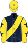 Dark blue, yellow sash, yellow sleeves, dark blue stars, yellow cap