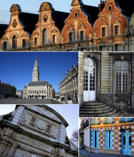 Clockwise from top: a row of Flemish-Baroque-style townhouses, the Saint-Vaast Abbey, a colorful house, the Vauban Citadel, and the Town Hall and its Belfry