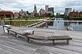 Hardwood benches and chess tables on the bridge