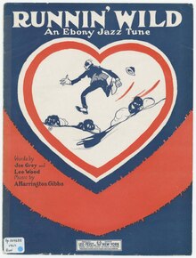 red and blue cover showing a figure running downhill having lost their hat inside a heart-shaped outline. The page is titled "Running Wild, An Ebony Jazz Tune"