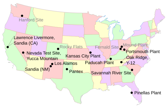 Map of major nuclear sites in the contiguous U.S. Grayed-out sites are not currently active.