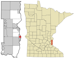 莱克兰肖尔斯在华盛顿县及明尼苏达州的位置（以红色标示）