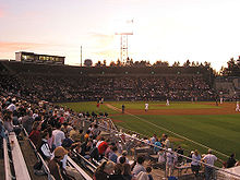 Photo of Cheney Stadium during a baseball game, taken from the stands looking towards home from right field