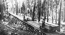 A gravity tramway carries lumber to the Soquel log flume.