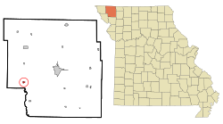 斯基德莫尔在诺德韦县及密苏里州的位置（以红色标示）