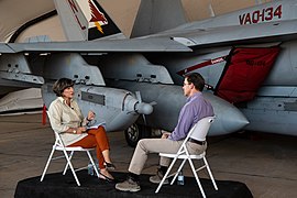 A wing-mount AN/ALQ-99 jamming system powered by a ram air turbine was chosen as a backdrop for an interview with Defense Secretary Mark Esper by Christiane Amanpour.