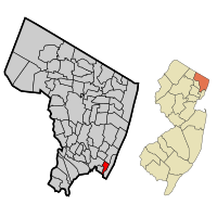 Location of Cliffside Park in Bergen County highlighted in red (left). Inset map: Location of Bergen County in New Jersey highlighted in orange (right).
