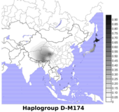 单倍群D-M174分布在阿伊努人、琉球人、藏人中