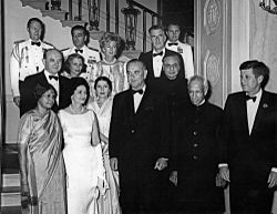 Guests of a State Dinner for President Dr. Sarvepalli Radhakrishnan. Fori Nehru (middle of second row) (1963)