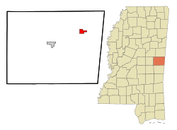 斯库巴在肯珀县及密西西比州的位置（以红色标示）