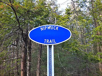 Nipmuck Trail sign on CT-171 outside Bigelow Hollow State Park.