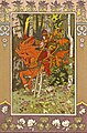 Illustration of the Russian fairy tale about Vasilisa the Beautiful, showing a rider on a horse in a forest