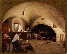 interior of castle kitchen, with large fireplace in background, and woman and child in foreground