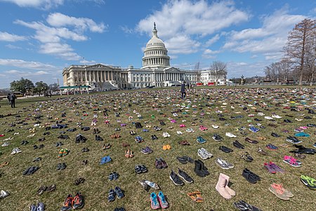 Capitol Lawn covered in 7000 pairs of shoes, one for every child killed since Sandy Hook, Washington DC