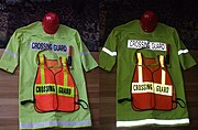 Photos of crossing guard clothing in normal light, and reflecting a point source of light.