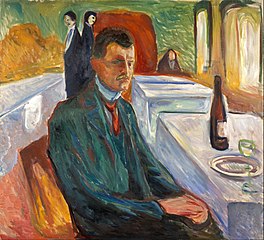 Self-Portrait with a Bottle of Wine, 1906, .mw-parser-output .frac{white-space:nowrap}.mw-parser-output .frac .num,.mw-parser-output .frac .den{font-size:80%;line-height:0;vertical-align:super}.mw-parser-output .frac .den{vertical-align:sub}.mw-parser-output .sr-only{border:0;clip:rect(0,0,0,0);clip-path:polygon(0px 0px,0px 0px,0px 0px);height:1px;margin:-1px;overflow:hidden;padding:0;position:absolute;width:1px}110 cm × 120 cm (43+1⁄4 in × 47+1⁄4 in), Munch Museum, Oslo