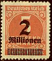 加盖了“2 Millionen”（200万）字样的魏玛共和国面值5000马克邮票。