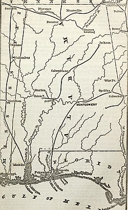 Map of Alabama's cities, rivers, and railroads during the Civil War.