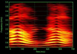 Acoustic spectrogram of the words "Oh, no!" said by a young girl, showing how the discrete spectrum of the sound (bright orange lines) changes with time (the horizontal axis)