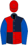 Dark blue and red (quartered), royal blue sleeves, red cap