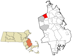 阿宾顿在普利茅斯县及马萨诸塞州的位置（以红色标示）