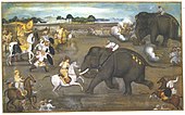 Prince Aurangzeb riding against the maddened War elephant Sudhakar in the year 1633.[6]