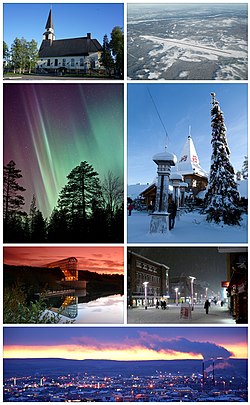 从上顺时针方向：罗瓦涅米教堂（芬兰语：Rovaniemen kirkko）、罗瓦涅米机场、圣诞老人村（英语：Santa Claus Village）、罗瓦涅米市中心、从奥纳斯山眺望市区、北极圈科学博物馆、北极光
