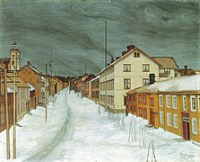 Storgaten Røros, painting by Harald Sohlberg from 1903 (titled Røros main street)