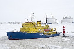 Russian icebreaker Tor in the ice-covered port of Sabetta