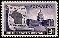 Image 2On May 29, 1948, the U.S. Post Office issued a commemorative stamp celebrating the 100th anniversary of Wisconsin statehood, featuring the state capitol building and map of Wisconsin. (from Wisconsin)