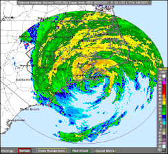 Radar image of the storm at landfall in the Outer Banks of North Carolina.