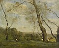 Jean-Baptiste-Camille Corot, Grands arbres dominant la berge d'une rivière, 1855.