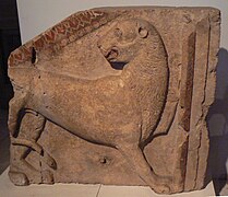 Stone relief of a lion with a polychrome decorations, Zhaba Mogila, Strelcha, Bulgaria, 5th century BCE.
