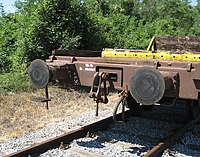 Buffers and chain coupler on goods wagon. The chain hangs on the towing hook.