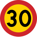 Swedish 30 km/h speed limit – the yellow background provides a contrast in case snow covers the background against which one perceives the road sign.[39]