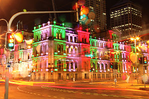 The Treasury Casino at night time, taken from the corner of Victoria Bridge & North Quay.