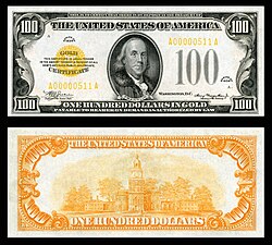 $100 Gold certificate (1934) depicting Benjamin Franklin, signed by Julian and Morgenthau.