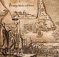 1669年出版的赫伯特《東印度旅行短記》書中插圖，描繪鄭荷九個月戰事中的每一次戰役。視點由北往南，圖片中央為鯤身半島上的熱蘭遮城和大員市街，圖左海岸邊為普羅民遮城和赤崁街。