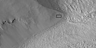 Close view of part of glacier, as seen by HiRISE under HiWish program Box shows size of football field. Location is Ismenius Lacus quadrangle.