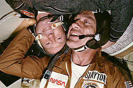 Deke Slayton (right) with Leonov in the Soyuz spacecraft